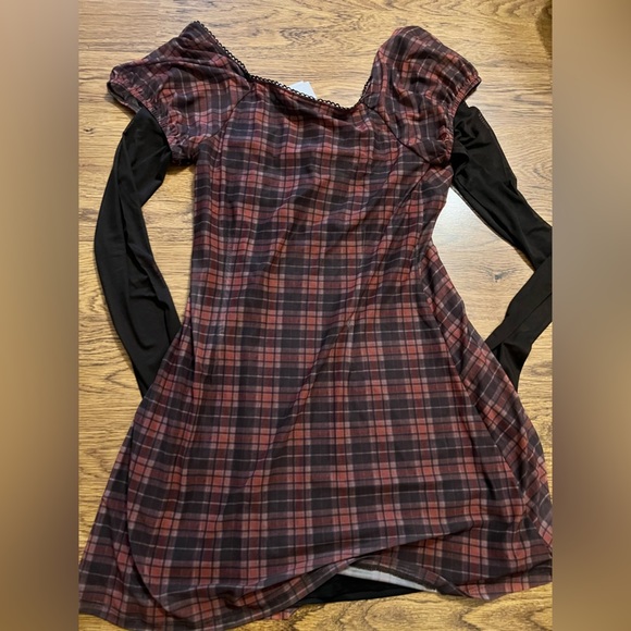 Guess vtg nwt check mesh mini dress mesh sleeve 90s school plaid sheer L - Picture 14 of 16
